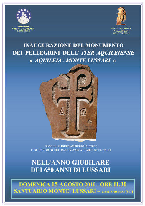 Locandina dell'inaugurazione del monumento dei pellegrini del Cammino Celeste sul Monte Lussari