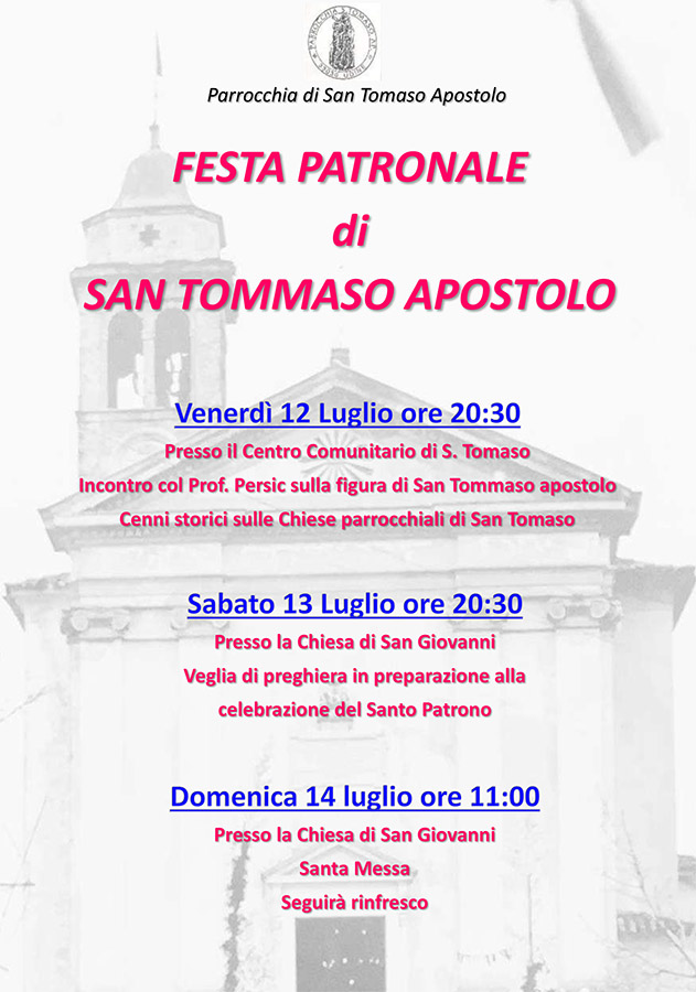 Iniziativa del 12 luglio 2019: festa patronale di San Tommaso apostolo