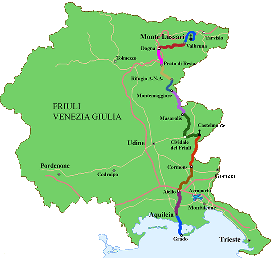 Cartina generale del percorso italiano: da Aquileai al Monte Lussari